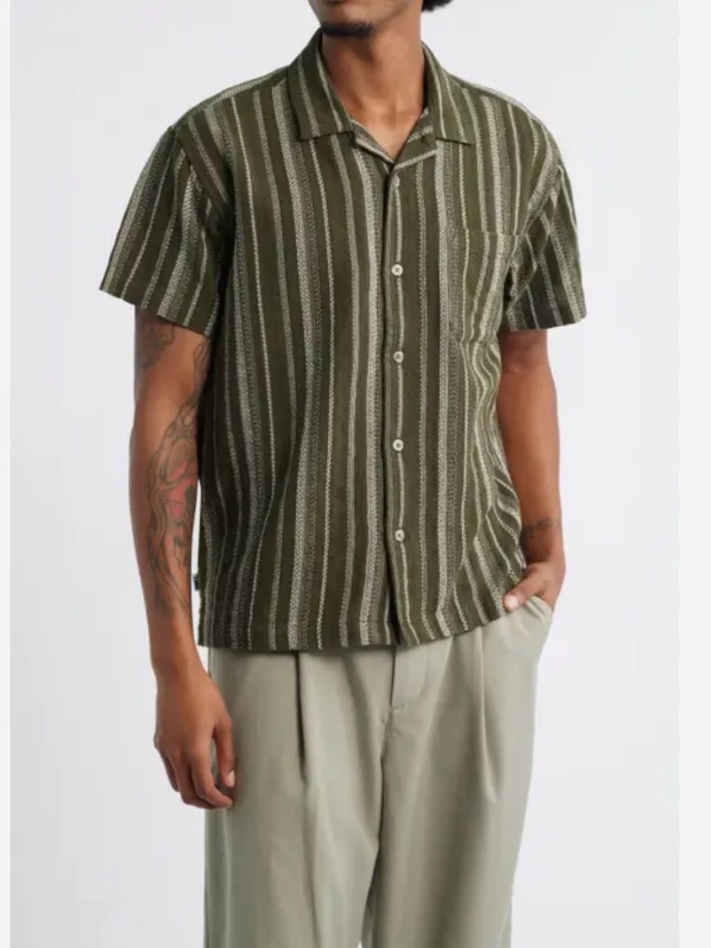 William Rast Olive White Textured Dobby Stripe Short Sleeve Button-Up S